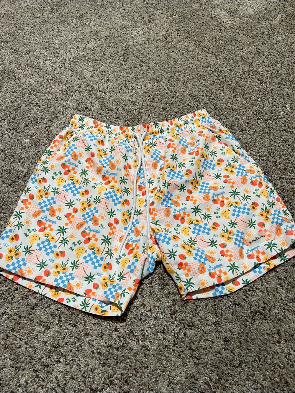 Kulani Kinis White Tropical Print Swim Trunks with Orange, Blue & Green Motifs